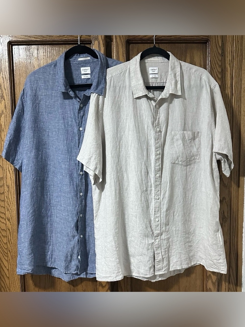 Celio Men's 2XL Bundle Of 2 100% Linen S/S Button Down Shirts Blue And Beige